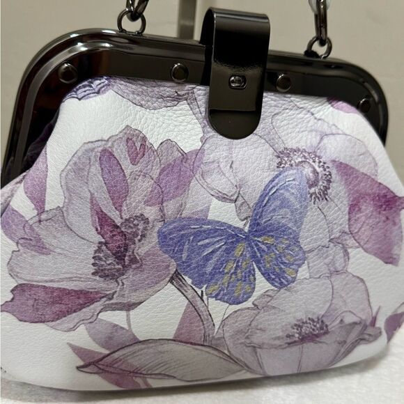 Butterfly Print Cowhide Leather Handmade Rivet Frame Push Lock Multi Use Handbag - Picture 16 of 16